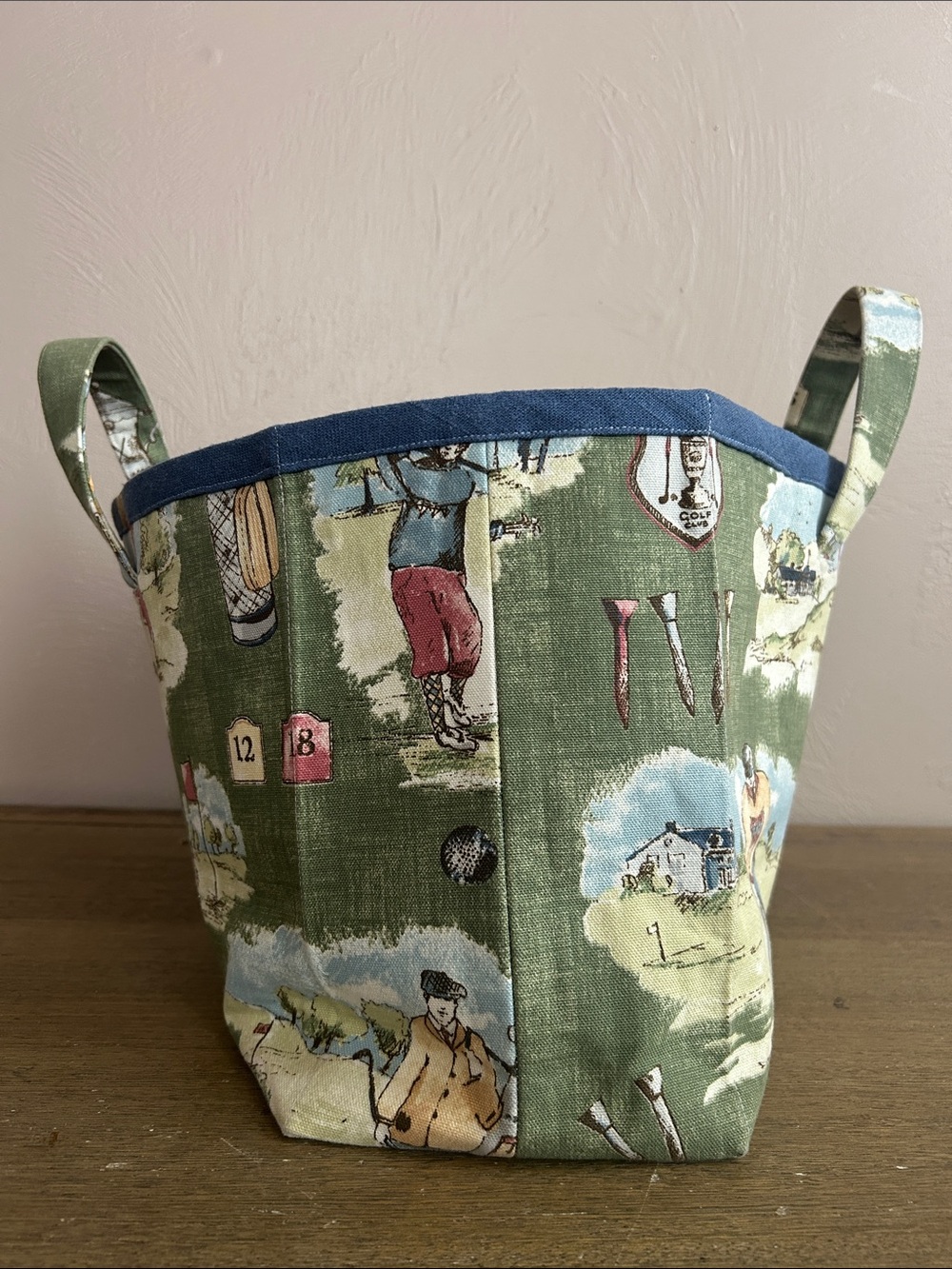 Vintage Handmade Toile Pattern Canvas Green Golf-Print Open Tote Bag. - Picture 3 of 10